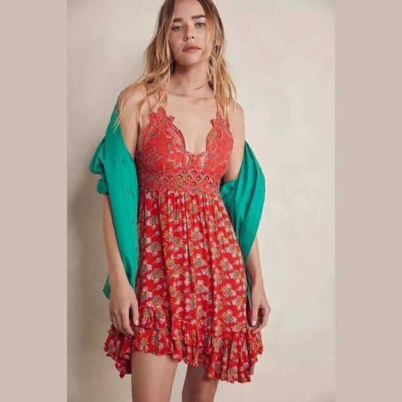 Free People Ladies Size Small Floral Frilled Chemise Dress Orange - Picture 3 of 10